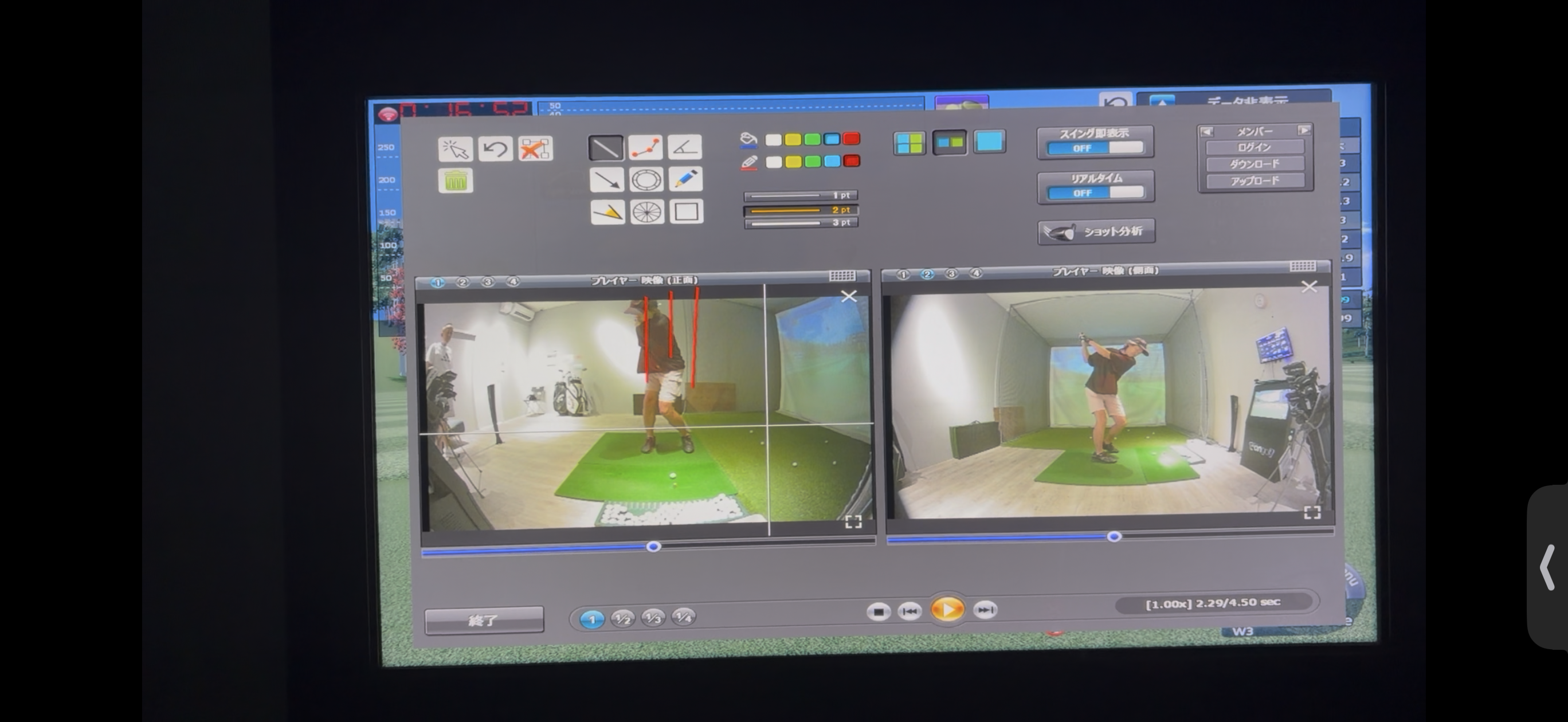 SMART GOLFふじみ野店でコーチがスウェイを説明するためにスイング映像へ線を引いた画面